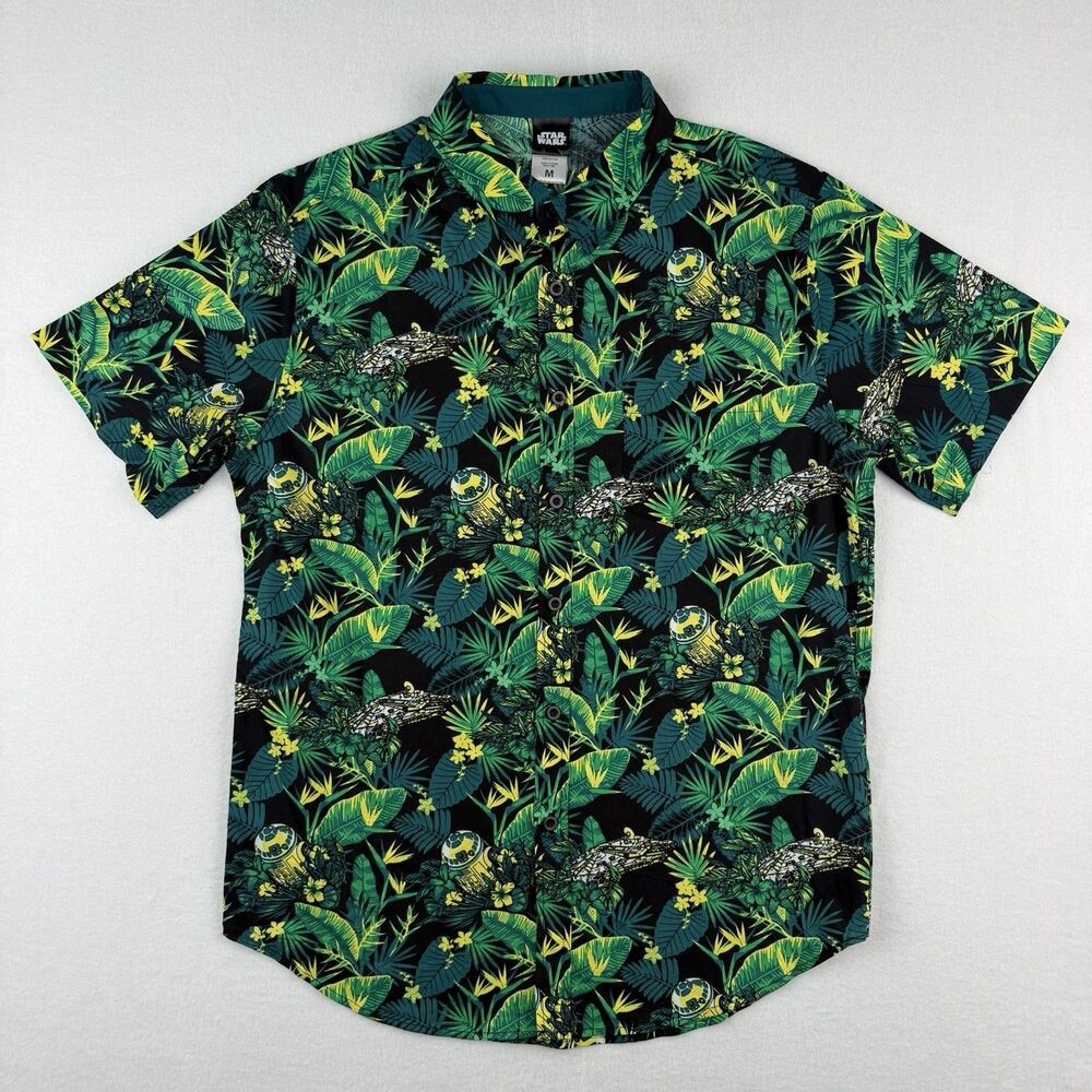 Star Wars Hawaiian Mens Medium Cotton Button Up Shirt R2-D2 Millennium Falcon